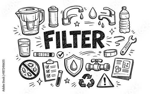 Doodle illustration of water filtration and purification concepts with the word FILTER