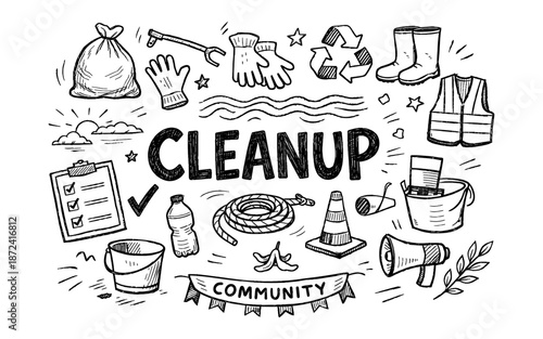 Doodle illustration of community cleanup day with various tools and symbols