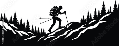Hiker silhouette in forest mountains, trekking uphill, pine trees, black and white vector, editable design, isolated adventure artwork