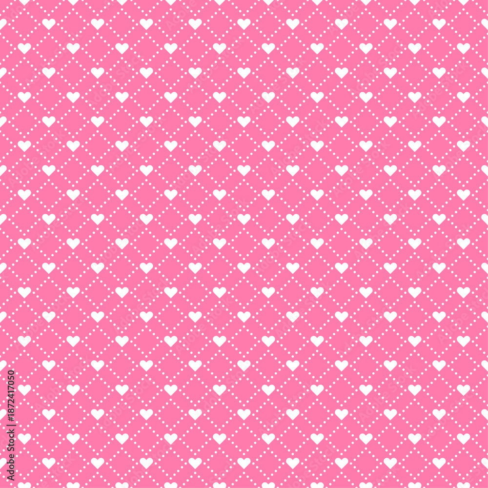 Fototapeta premium Sweet Pink Seamless Pattern with Hearts and Dotted Grid.