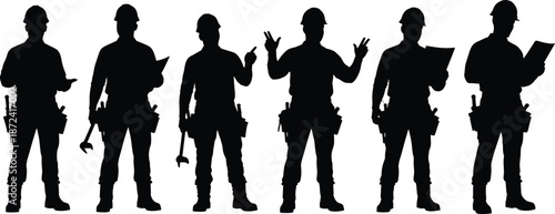 Construction worker silhouettes, hard hats, tool belts, vector illustration, editable design, isolated, labor icons, industrial job poses