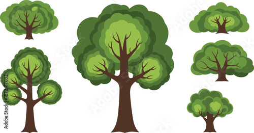 Cartoon green tree collection isolated on white background natural forest elements flat vector illustration for eco design