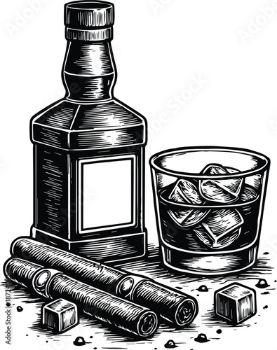 Old Whiskey and Cigar Lounge - Aged Bourbon Glass with Ice - Vintage Smoke & Spirits Scene - Gentleman's Relaxation Hour