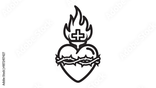 A black and white illustration of a sacred heart with thorns and a flame