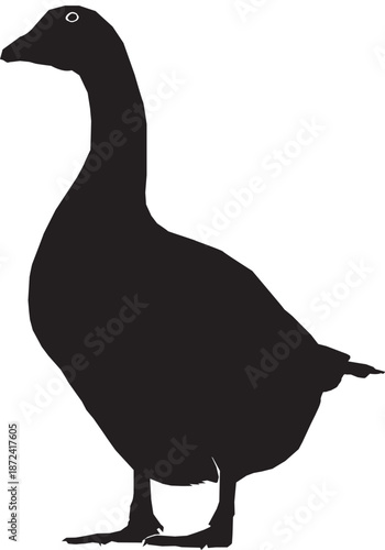 Black silhouette of a domestic goose standing elegantly against a clean white background
