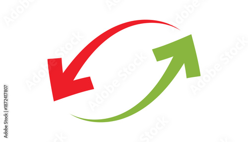 .Red and Green Curved Arrows in Circular Motion Isolated on White.
