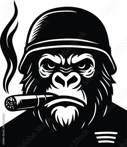 Gorilla Soldier Smoking - Military Gorilla with Cigar - Tough Ape Soldier Character Art - Retro Gorilla Mascot Design