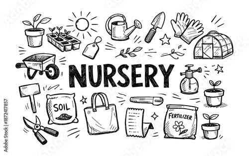 Doodle illustration of nursery and gardening supplies with the word nursery in bold