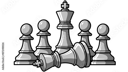 Fallen chess king, Chess pawns, Checkmate symbol, Chess defeat, Strategy game, Chess symbolism, King and pawns, Victory in chess, Chess metaphor, Power struggle, Leadership loss, Chess pieces set