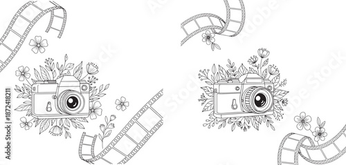 Retro vintage camera with floral decoration and film strips line art for photography hobby illustration