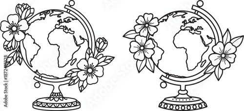 World globe map with floral ornaments for Earth Day or travel concept coloring book illustration