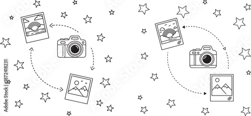Creative photography concept with camera polaroid photos and stars in line art style for coloring book