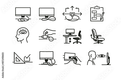 Ergonomics movement vector planning tolerance logic monitor silhouette icons icon desk allowance