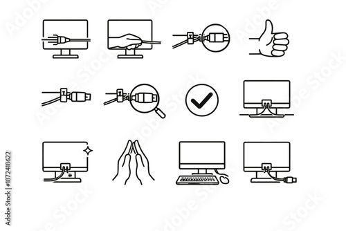 Cable gentle confirmation icons setup relief test ready focus calm vector desk