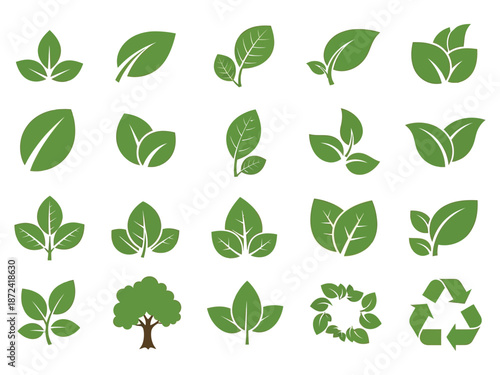 Eco Green Leaf Icons Set – Nature, Organic, Environment, Sustainability and Recycling Symbols