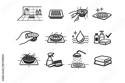 Drain hygiene bathroom start gentle routine baseline use mindful vector icon
