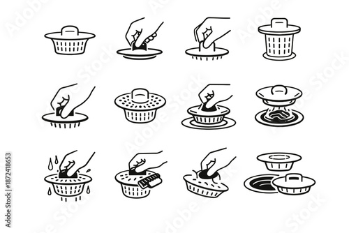 Ergonomics focus bathroom cleaning usability vector finger icon drain silhouette access logic