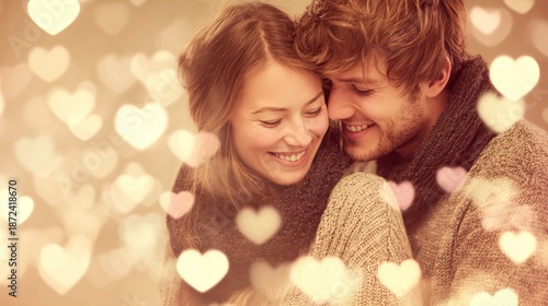 A loving couple embracing and smiling warmly with hearts in the background