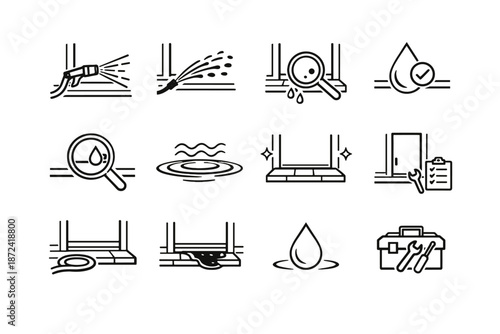 Focus ready icon balcony calm door spray silhouette confirmation verification water icons