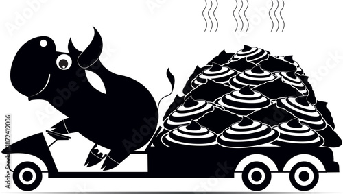 Cartoon cow drives truck full of fertilizer
