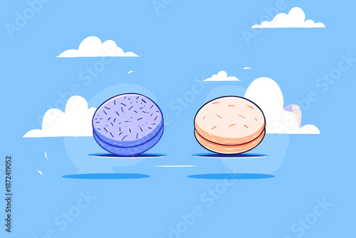 A delightful cartoon illustration showcases two colorful macarons, one lavender and the other peach, floating amidst fluffy white clouds against a bright blue sky, evoking a sense of joy and