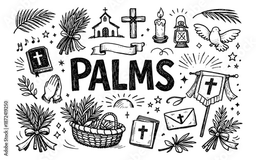 Palm Sunday doodle art with religious symbols and text PALMS