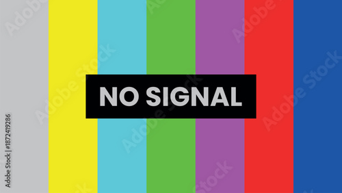 No signal TV screen with color bars and error message, broadcast test pattern illustration showing signal loss and technical problem, retro television screen concept for media failure, interruption