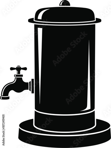 Water filter silhouette, faucet spout, cylindrical purifier unit, black vector illustration, editable design, isolated clean water icon