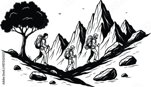 Mountain hiking scene with three trekkers, rugged trail and tree silhouette, black and white outdoor adventure illustration