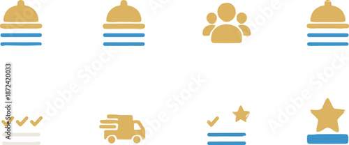Service status and rating icons set featuring availability indicators, user group, delivery truck, checklist confirmation, and star rating symbols for app and web interface design