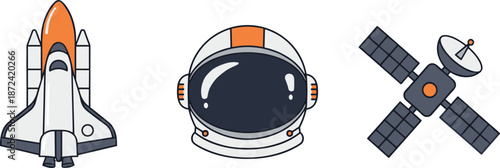 Space exploration icons set featuring space shuttle rocket, astronaut helmet and communication satellite for astronomy, aerospace technology and science education projects