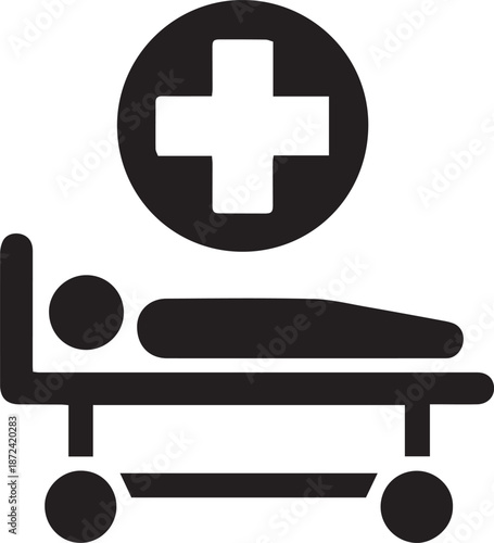 Minimalist medical icon showing a patient on a hospital gurney with a medical cross symbol, representing emergency services, healthcare transport, and patient care. Black vector illustration.