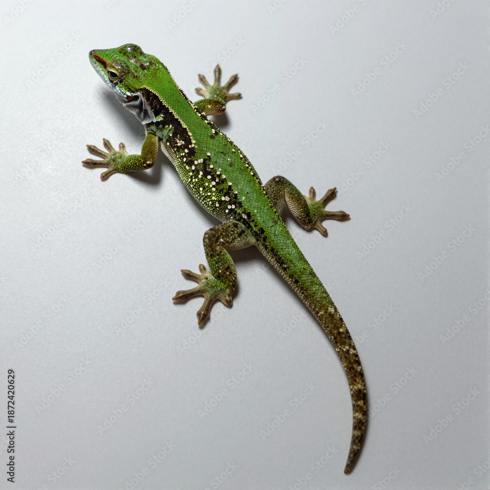 Fototapeta premium Small green anole lizard with extended dewlap on white background