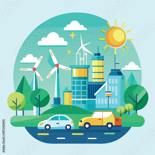 Eco Friendly Smart City with Renewable Energy and Clean Transportation Illustration