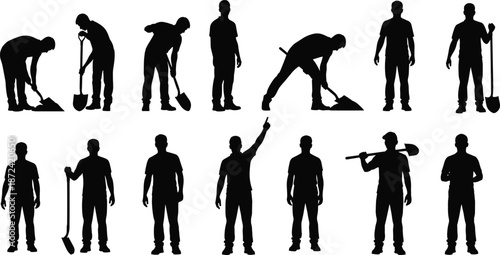 Shovel pose silhouettes, manual labor actions, construction worker gestures, vector illustration, editable design, isolated, black icon set