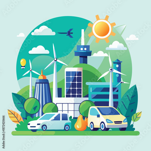 Smart City with Renewable Energy and Electric Transportation Illustration