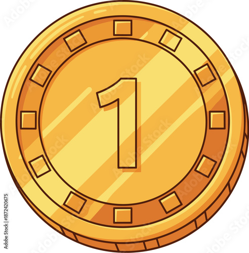 Stylized gold coin with number 1, shiny digital currency icon, game token design, virtual economy asset, glossy rendering