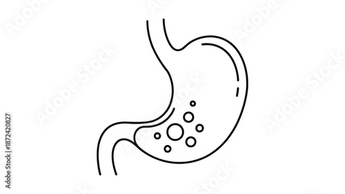 Simple line drawing of a human stomach with internal contents represented by circles