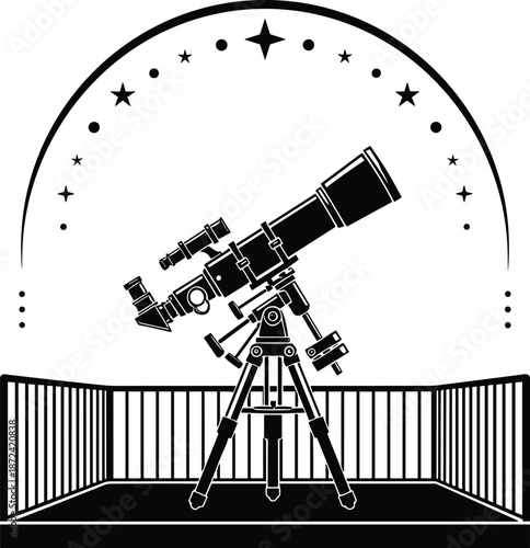 Telescope on balcony, stargazing scene, celestial symbols, astronomy vector, editable design, isolated, black and white observation artwork