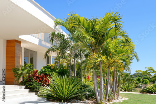 Wallpaper Mural Contemporary house surrounded by lush tropical plants and vibrant greenery, showcasing bright blue sky Torontodigital.ca