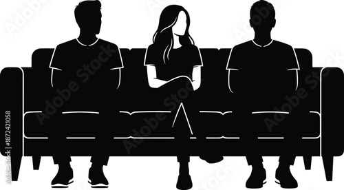 Three people sitting on couch silhouette, social moment, black vector illustration, editable design, isolated casual gathering icon