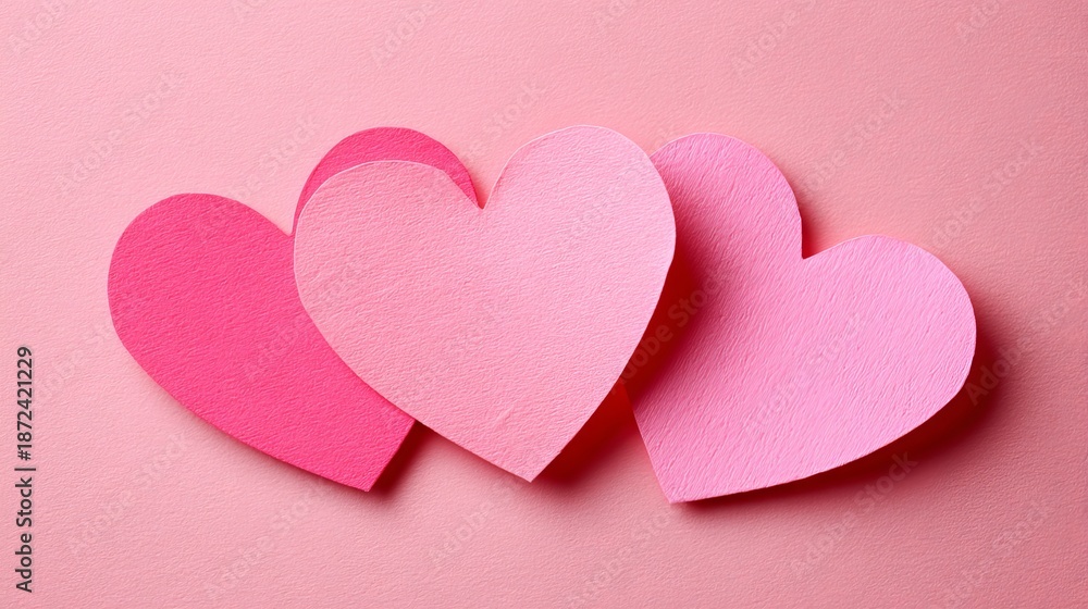 Fototapeta premium Three pink paper hearts arranged on a soft pink background for Valentine's Day