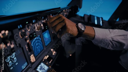 Commercial airplane pilot flying in the cockpit at night