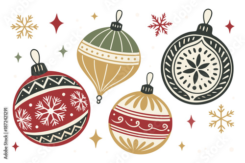 Christmas balls printed and pattern clipart set. Green and red xmas ball decoration elements clip art with spiral, curve, snowflakes and star graphic design collection for holiday season vector