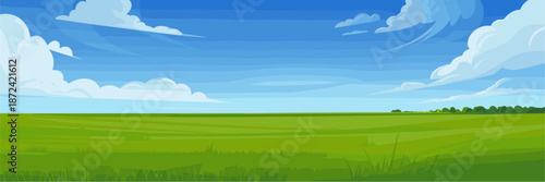 Stylized vector illustration of a vast green meadow under a bright blue sky with cumulus clouds, rolling hills, and a natural tree horizon.
