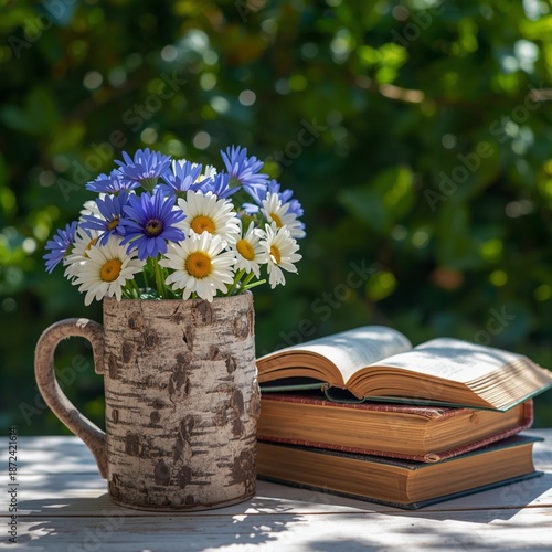 still life with flowers and old books