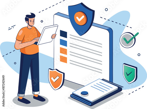 Person holding tablet while verifying online security checklists with shield icons