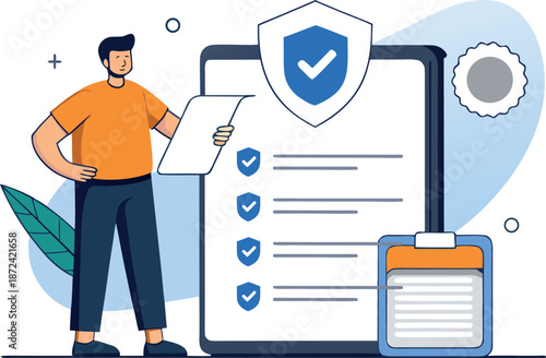 Person holding tablet while verifying online security checklists with shield icons