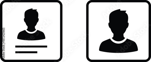 User profile and identification icons set showing avatar portrait with information card and account profile symbol in solid black minimal vector style