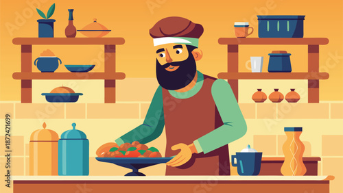 Illustration of a chef preparing a fresh salad in a cozy kitchen with various ingredients and utensils on the counter and shelves